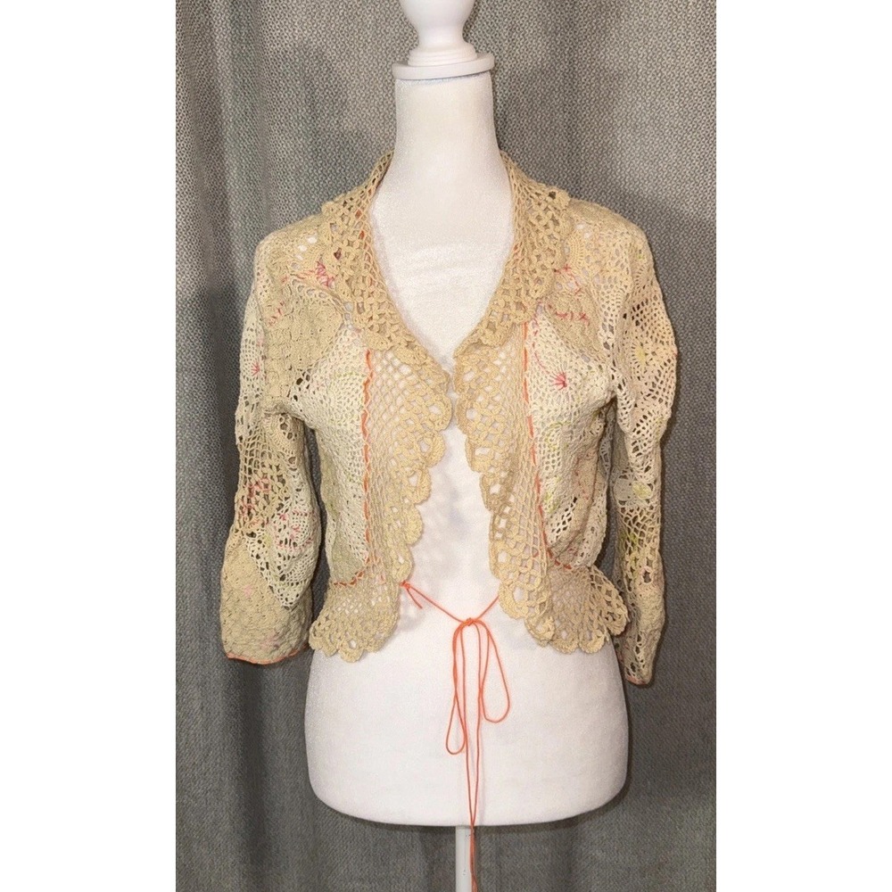 Free People Crochet Cardigan Womens Size Large Ivory Cropped Tie  Boho Vintage